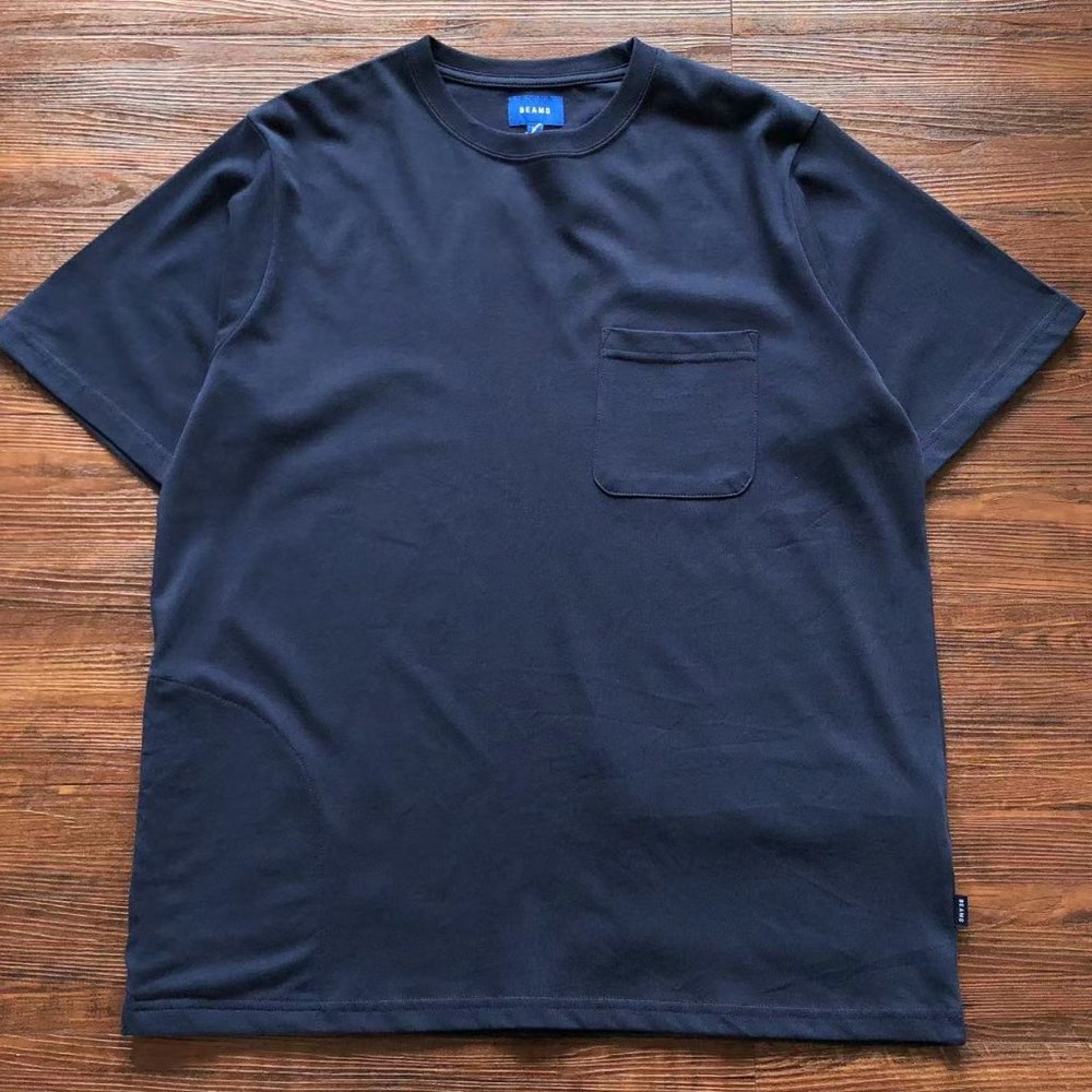 BEAMS Chest Back Pocket Solid Blue Short Sleeves